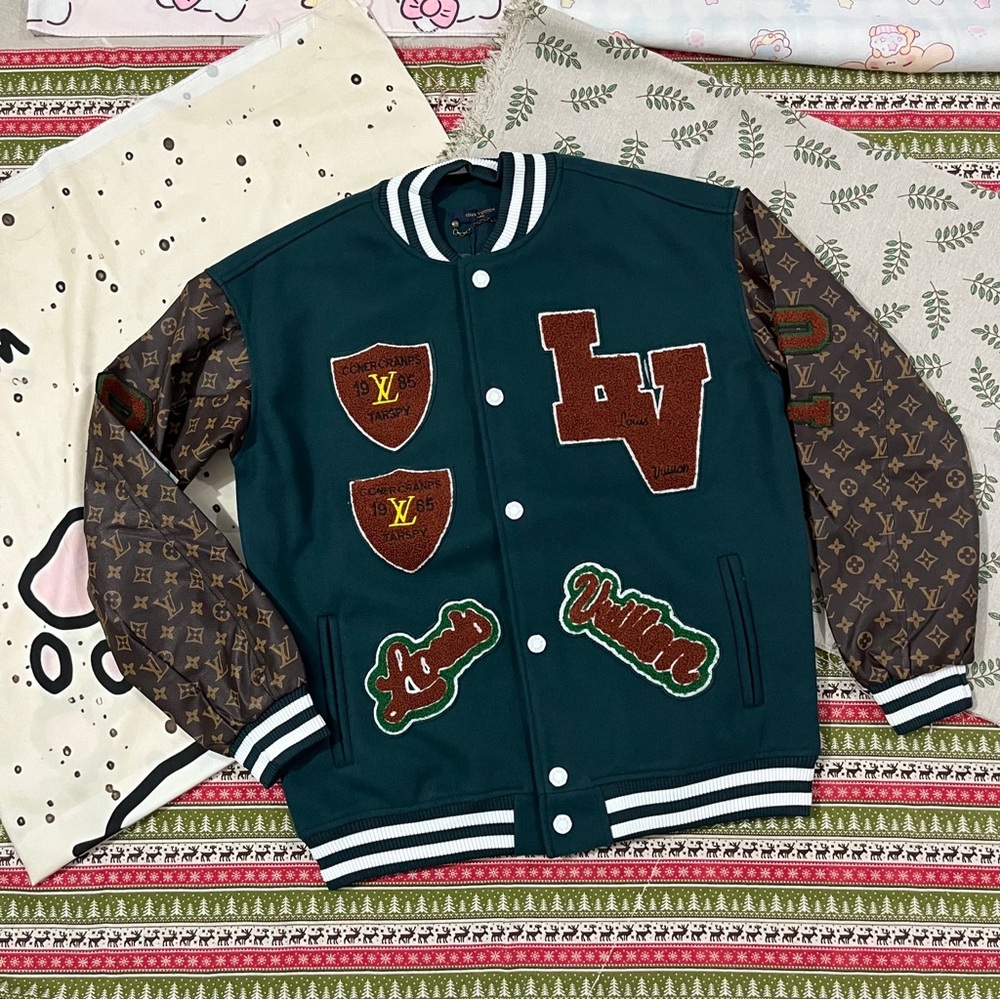 Louis Vuitton Green Wool Varsity Jacket with Monogram Brown Sleeves